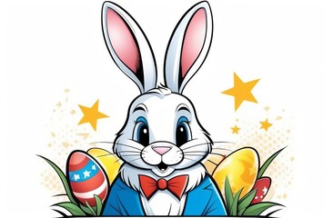 A whimsical white bunny in a blue jacket, surrounded by colorful Easter eggs and sparkling stars