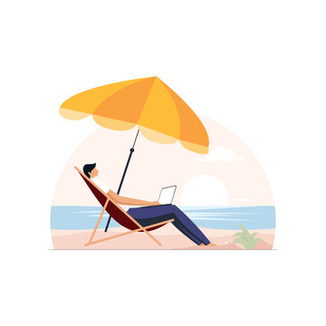 Relaxed freelancer working on a tropical beach on his laptop, work from anywhere or remote work illustration