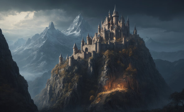 art illustration of fantasy fiction ancient castle on mountain peak, dark, ultra detailed