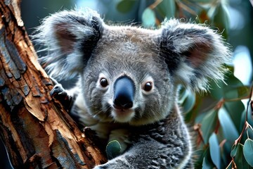 Fototapeta premium Lone koala hanging on the branches of a tree