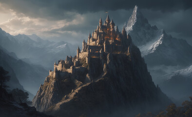 art illustration of fantasy fiction ancient castle on mountain peak, dark, ultra detailed - obrazy, fototapety, plakaty