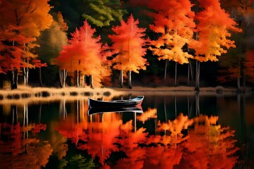 A calm lake reflecting the fiery reds and oranges of autumn foliage, with a solitary rowboat gently...