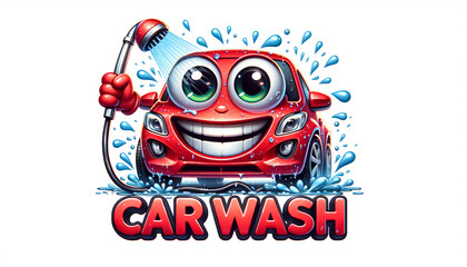 Expressive Red Car Cartoon: Car Wash Logo Illustration, Digital Caricature: Anthropomorphic Red Car with Car Wash Logo, Car Wash Logo Illustration: Happy Red Car Caricature