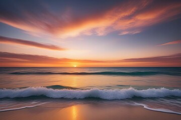 Fototapeta premium Dramatic sunset over ocean with waves crashing on shore. Perfect for travel & vacation themes. generative ai