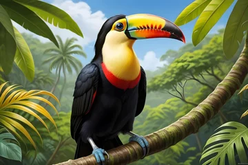 Stickers pour porte Toucan A colorful toucan perched on a mossy branch in a lush jungle tropical forest. generative ai