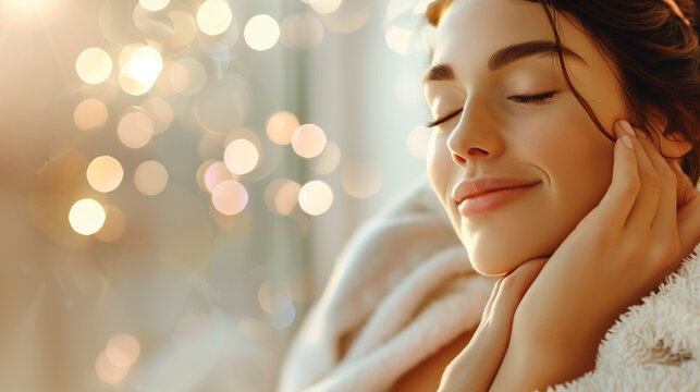 A beautiful woman enjoying the warmth of her skin after an evening spa session - Powered by Adobe