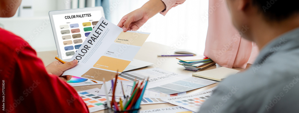 Poster a portrait of creativity graphic designer team select appropriate color for the project by using lap