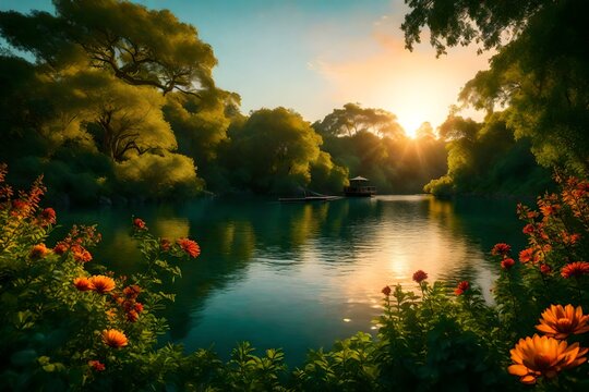 Nature's harmony captured in HD, with green trees, serene waters, and a brilliant sunrise painting the scene, adorned with colorful flowers.
