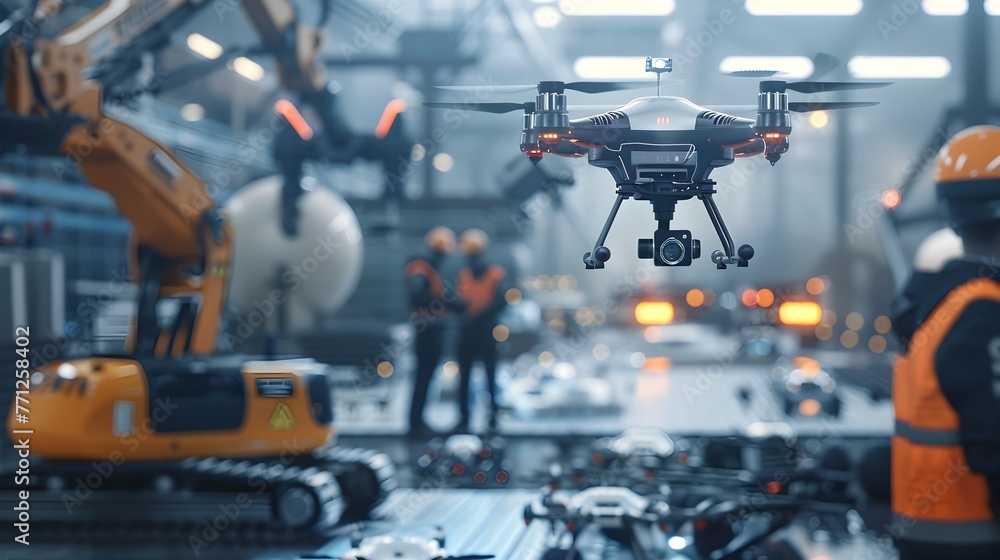 Poster futuristic construction site with autonomous drones and robots collaboratively working,overseen by e