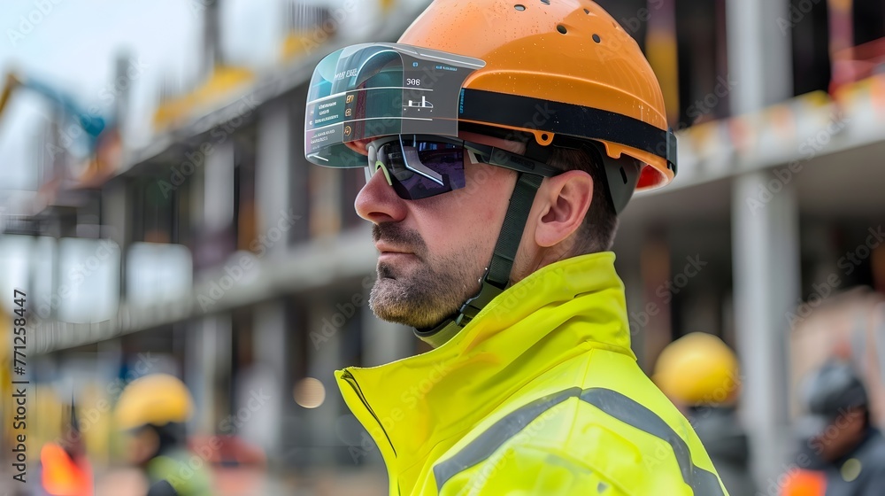 Poster smart helmet with heads-up display used by construction manager to oversee project progress and safe