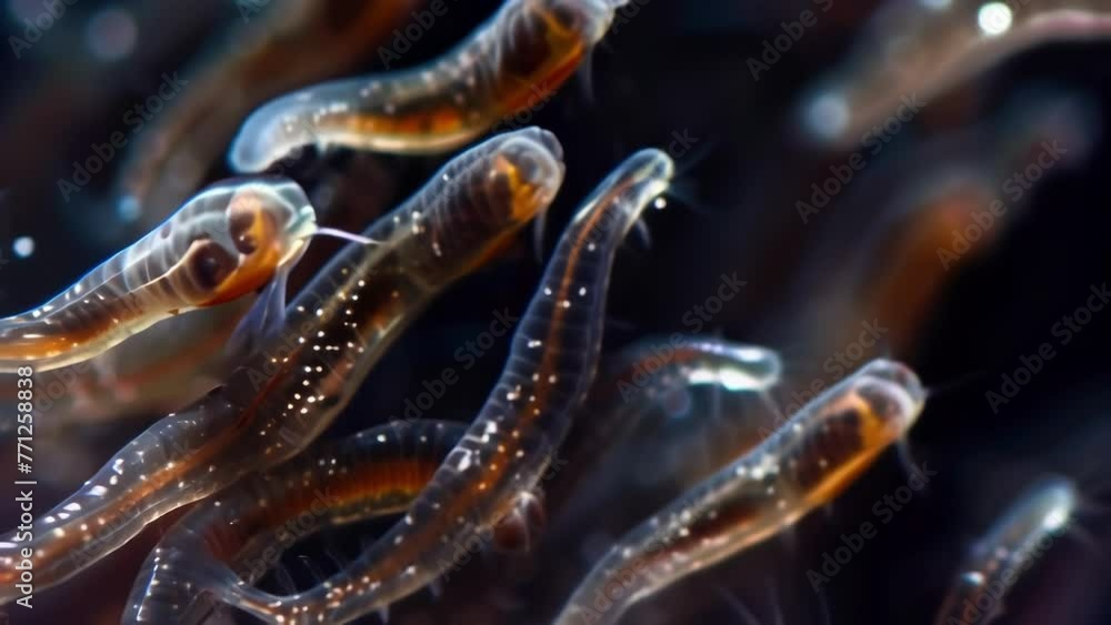 Poster an overhead view of a group of nematodes all moving in synchronized wriggles. the high contrast ligh