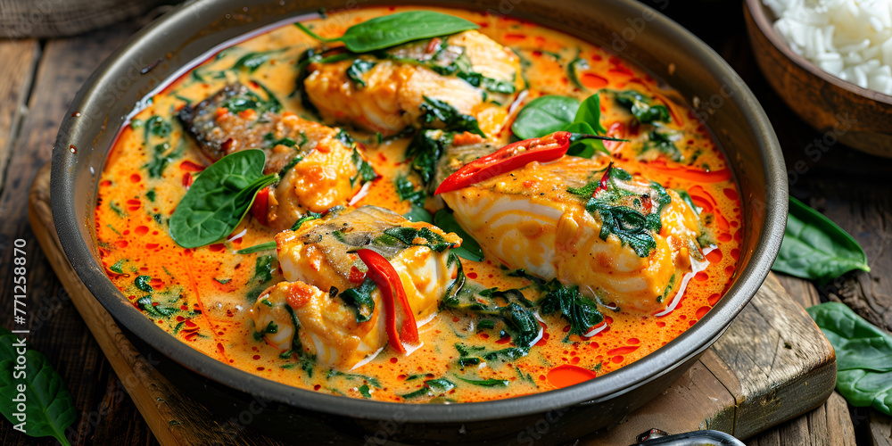 Wall mural Savory Baked Fish in Red Curry Spinach Coconut Sauce
Mouthwatering Red Curry Coconut Fish Bowl with Spinach