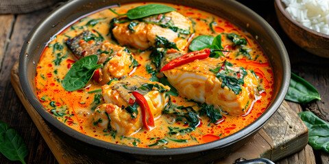 Fototapeta na wymiar Savory Baked Fish in Red Curry Spinach Coconut Sauce Mouthwatering Red Curry Coconut Fish Bowl with Spinach