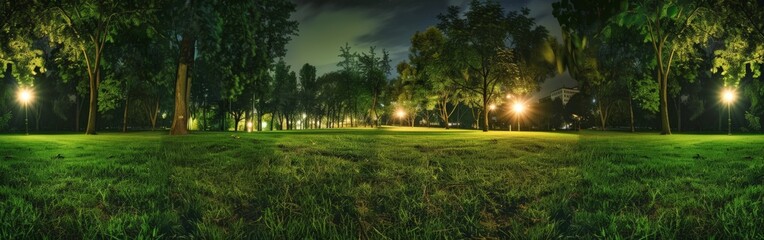 Grassy Field With Trees and Lights at Night