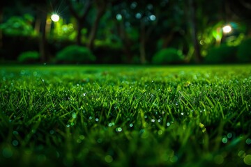 Naklejka premium Close Up of Green Grass Field at Night