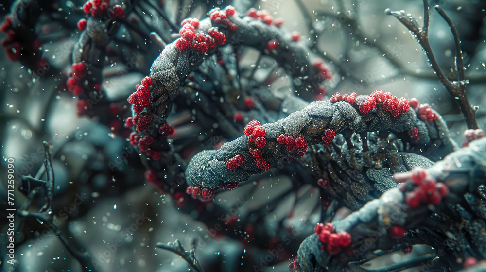 Poster abstract technology dna with rain drops. macro. futuristic background with glowing particles