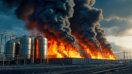 Industrial zone with large fire and smoke on a background of blue sky