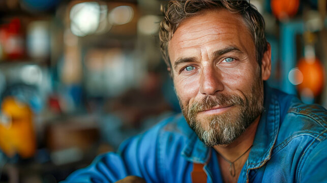 Portrait of smiling mature male worker  looking at camera in auto repair shop