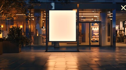 Blank Illuminated Advertisement Billboard or Light Box Mockup in Storefront of Shop or Cafe at Night - obrazy, fototapety, plakaty