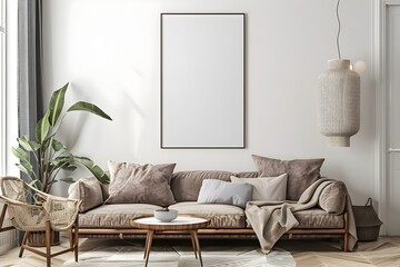 Blank Poster Frame in Cozy Modern Living Room with Neutral Furniture and Decor - obrazy, fototapety, plakaty
