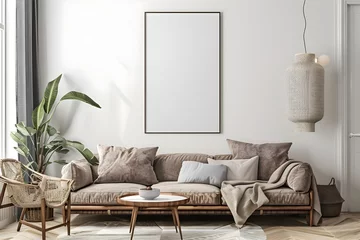 Poster Blank Poster Frame in Cozy Modern Living Room with Neutral Furniture and Decor © milkyway