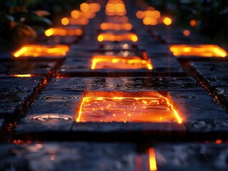 Hopscotch courts flicker to life, each square a stepping stone through a lava flow of light , soft lighting