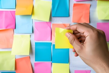 Colorful Hand Held Post Its in Organized Workplace Composition