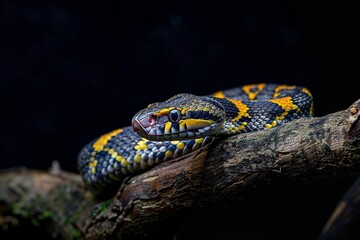 Obraz premium Eine tropische schwarz, gelbe Schlange auf einem Ast 