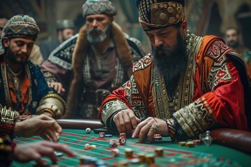 Ottoman sultans, in lavish robes, lavish their riches on the craps table, each roll a decree of fortune or failure , high resolution DSLR - obrazy, fototapety, plakaty