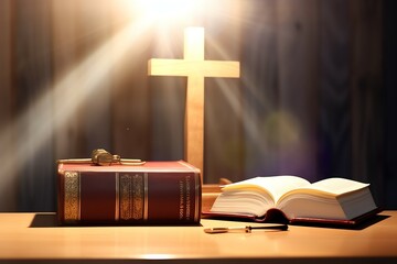 Close up of a holy bible and christian cross on wooden table. Happy good friday or religion concept - obrazy, fototapety, plakaty