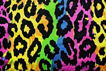 Colorful leopard print pattern on textured background. A striking leopard print pattern, which occupies the entire frame, featuring a blend of vivid colors on a rough, textured surface