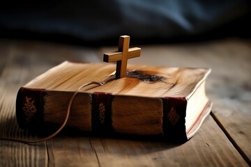 Close up of a holy bible and christian cross on wooden table. Happy good friday or religion concept - obrazy, fototapety, plakaty