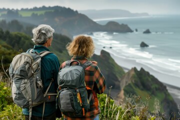 Elderly senior smiling active couple with backpacks enjoying hiking and walking along coastline near mountains and sea or ocean, active retirement lifestyle filled with outdoor adventures.