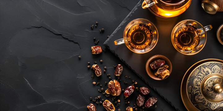 Modern  Ramzan tea and dates layout on black background