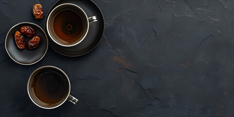 Modern  Ramzan tea and dates layout on black background