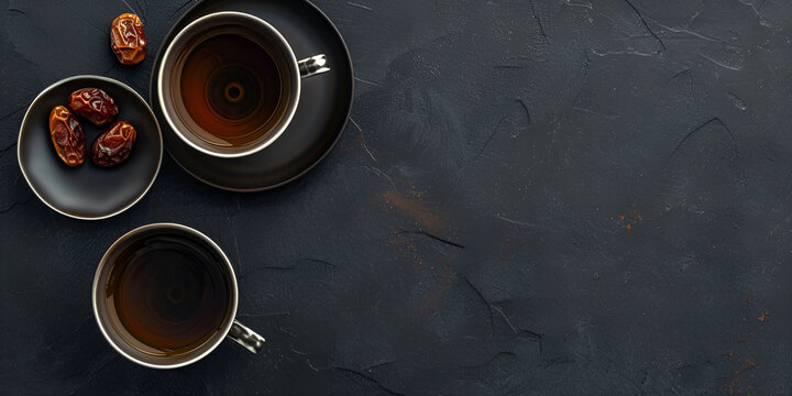 Modern  Ramzan tea and dates layout on black background