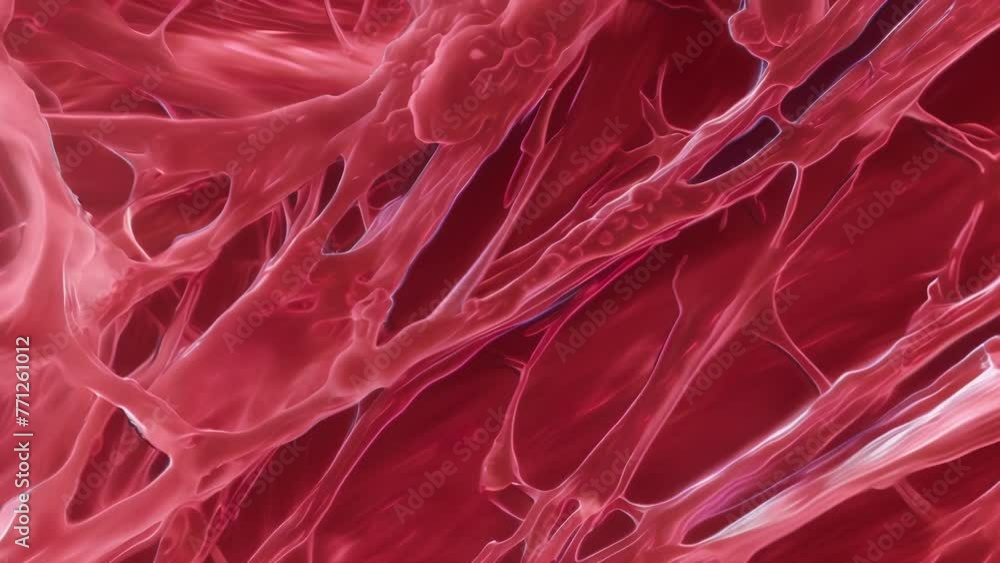 Poster a microscopic view of skeletal muscle tissue with elongated fibers crisscrossing each other in a str