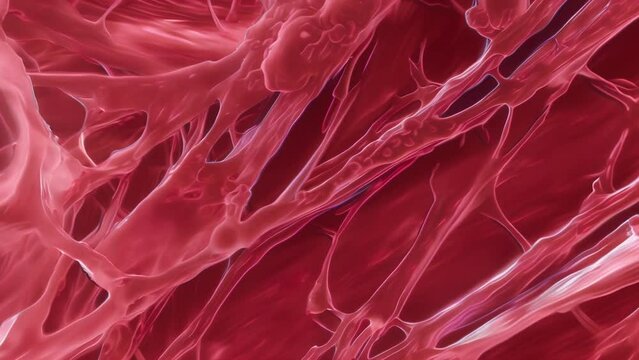A microscopic view of skeletal muscle tissue with elongated fibers crisscrossing each other in a striated pattern. The fibers are . AI generation.