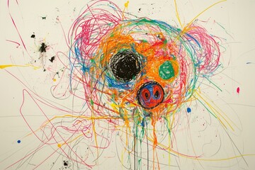 The hand drawing colourful picture of the pig that has been drawn by the colored pencil, crayon or chalk on the white blank background that seem to be drawn by the child that willing to draw. AIGX01. - obrazy, fototapety, plakaty
