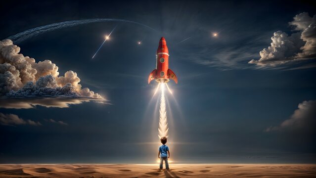 A child standing on sandy ground at night, watching a rocket launch into the sky.