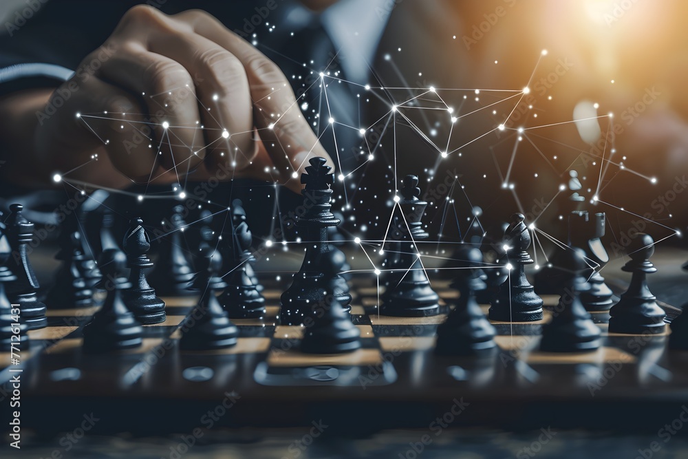 Poster strategizing business success through intelligent chess moves and networking
