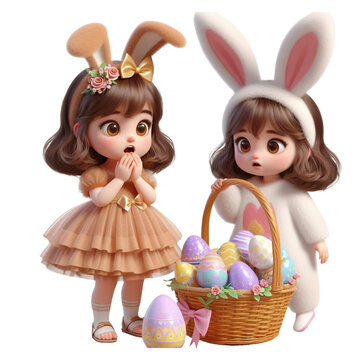 Little girl in bunny costume looks in surprise at an basket with chocolate eggs isolated on PNG background. Generative AI.