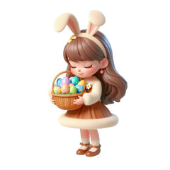 Fototapeta na wymiar Little girl in a bunny costume hugs an Easter basket with chocolate eggs isolated on PNG background. Generative AI.