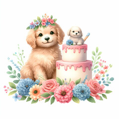 flat icon as Adorable Puppy Cake Party in watercolor hand drawing floral theme with isolated white background ,Full depth of field, high quality ,include copy space, No noise, creative idea