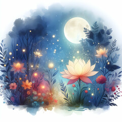 Obraz na płótnie Canvas flat icon as Enchanted Bloom as A mystical forest scene with flowers glowing in moonlight in watercolor hand drawing floral theme with isolated white background ,Full depth of field, high quality ,inc
