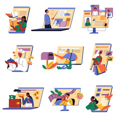 People working online web, meetings and services