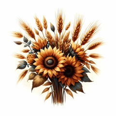 flat icon as Rustic Charm as A country style bouquet of sunflowers and wheat rendered in warm watercolor tones in watercolor hand drawing floral theme with isolated white background ,Full depth of fie