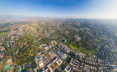 Rome, Italy. World Exhibition Quarter - EUR. Panorama of the city on a summer morning. Sunny weather. Aerial view - obrazy, fototapety, plakaty