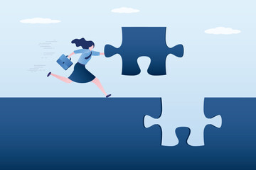 Task completing, finish project. Complete jigsaw puzzle to solve business problem, solution for business achievement. businesswoman holds last missing puzzle piece. - obrazy, fototapety, plakaty