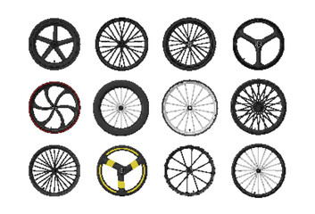 Bicycle wheels rubber tire for speed ride transportation side view set realistic vector illustration